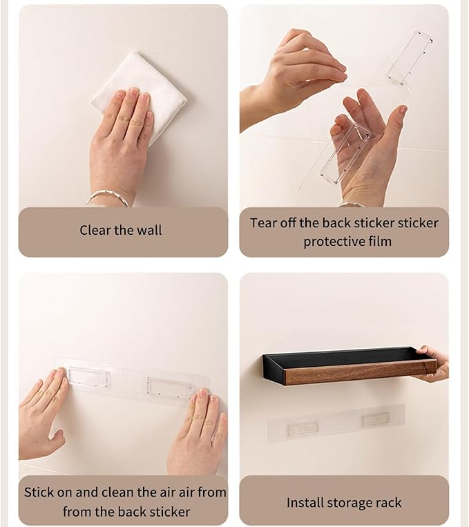 12 Inch Black Wall Shelves for Wall, Adhesive Floating Shelves with 1 Inch Height Wooden Decor Panel, Plastic Adhesive Shelves Shower Organizer for Living Room, Bedroom, Office and Kitchen
