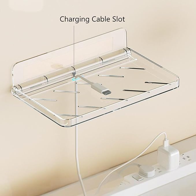Foldable Wall Mounted Adhesive Shelf, No Drilling Plastic Storage Rack with Cord Hole,Drain Holes,Stick on Shelf for Bathroom, Kitchen, Bedroom and Living Room (Clear,Small)