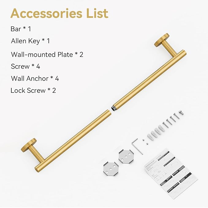 Brushed Gold Towel Bar, 24 Inch Towel Rack for Bathroom Wall-Mounted, SUS304 Stainless Steel, Total Length 26 Inch