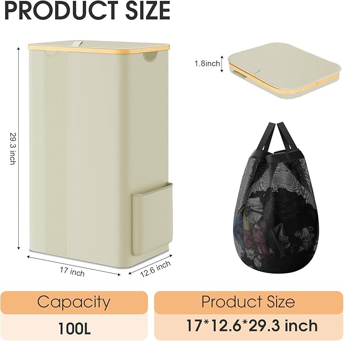 SpaceTrove Laundry Basket Clothes Hamper with Lid and Pocket Large Collapsible Laundry Baskets with Handle, Freestanding Hampers for Bedroom Aesthetic, Dorm, Bathroom, Laundry Room (100L, Beige)