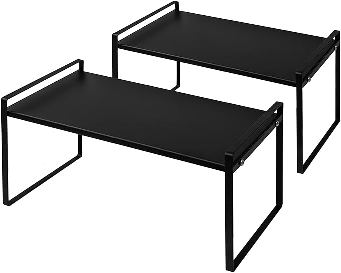 Nxconsu 2 Pack Cabinet Shelf Organizer 16.1"x8.3"x9.5" Black, Stackable Kitchen Counter Shelf Riser, Heavy Duty 3mm Steel Storage Rack for Pantry Cupboard Bathroom Under Sink, 50lbs Capacity, Non-Slip