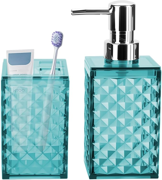 Bathroom Accessories Set 2 PCS, Teal Blue Bathroom Accessories Include Soap Dispenser and Toothbrush Holder, Diamond Pattern Bathroom Set for Boho Bathroom Decor