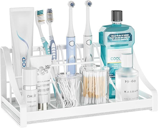 Toothbrush Holder Instant-Dry Organizer - Bathroom Countertop Organizer Kids Electric Toothbrush Toothpaste Holders - 7 Slots Bathroom Sink Accessories Storage Tooth Brush Counter Organization, White