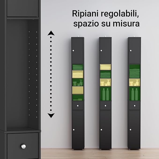 Haotian Narrow Bathroom Storage Cabinet, Tall Slim Bathroom Organizers and Storage for Small Spaces, Freestanding Skinny Cabinet with Doors and Shelves for Tight Corners Black BZR34-SCH