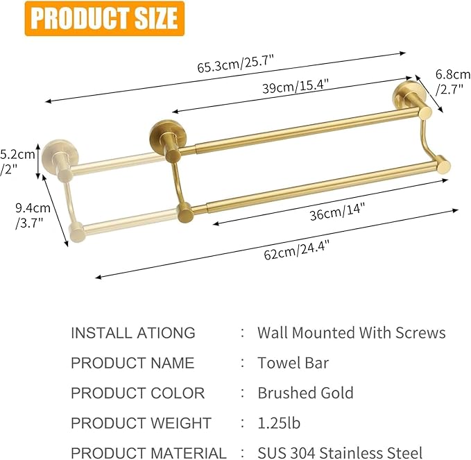 BESy Adjustable 16-26 Inches Double Bath Towel Bar for Bathroom SUS304 Stainless Steel Towel Holder, Hotel Style Wall Mount with Screws Hand Towel Bar，Towel Rack Rod Hanger, Brushed Gold Finish