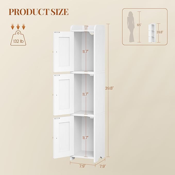 HEXCELEN Slim Bathroom Storage Cabinet, Narrow Cabinet with 3 Doors, Small Bathroom Organizers and Storage, Laundry Room Organization for Small Space, Kitchen, Living Room, White 022313X