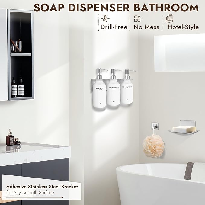 KOUCHU Shampoo and Conditioner Dispenser Set - Wall Mounted Shower Soap Dispenser - 17oz No-Drill Refillable Plastic Pump Bottles for Bathroom Kitchen - Includes Soap Dish and Hook (Silver)