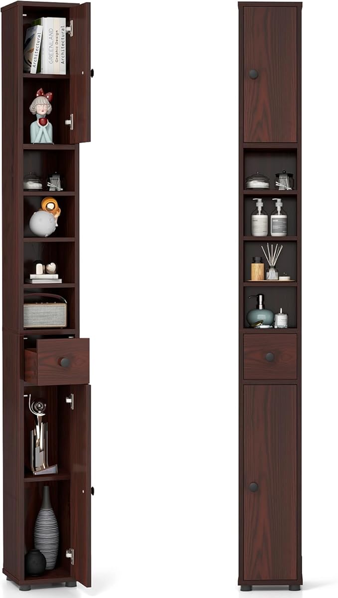 Tangkula Tall Slim Bathroom Storage Cabinet, 71" Freestanding Bathroom Cabinet w/ 2 Doors, 1 Drawer & 5 Adjustable Shelves, Floor Narrow Tower Cabinet for Small Spaces, 8" x 8" x 71" (Brown)