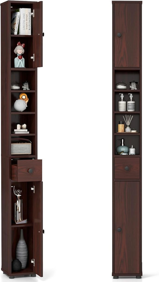 Tangkula Tall Slim Bathroom Storage Cabinet, 71" Freestanding Bathroom Cabinet w/ 2 Doors, 1 Drawer & 5 Adjustable Shelves, Floor Narrow Tower Cabinet for Small Spaces, 8" x 8" x 71" (Brown)