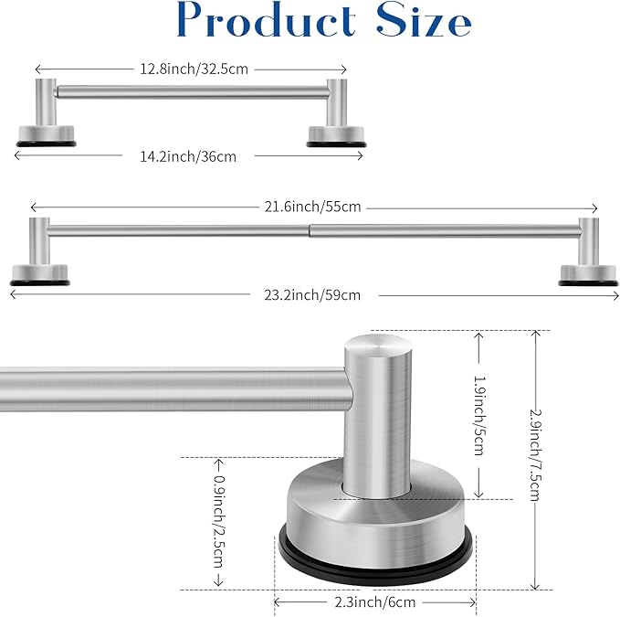 Adjustable Suction Cup Towel Bar for Bathroom Wall, 14.6–24 Inches Brushed Nickel Towel Bar, Stainless Steel Bath Towel Holder, Towel Racks for Bathroom Shower (Brushed Nickel, 2 Pack)