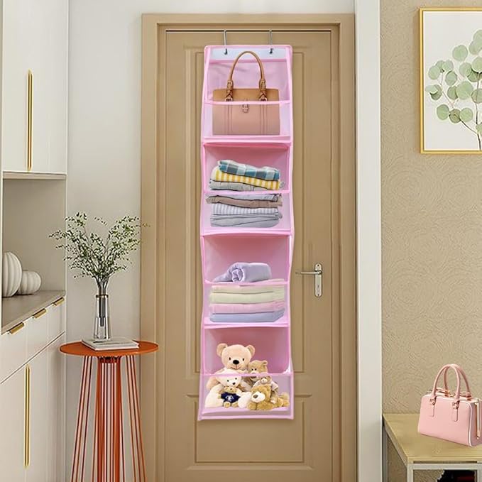 Hanging Closet Organizer, 4 Shelf Over The Door Organizer with 2 Hooks, Space Saving Behind The Door Storage Shelves for Pantry, Bathroom, Bedroom, Nursery(Color:Pink)