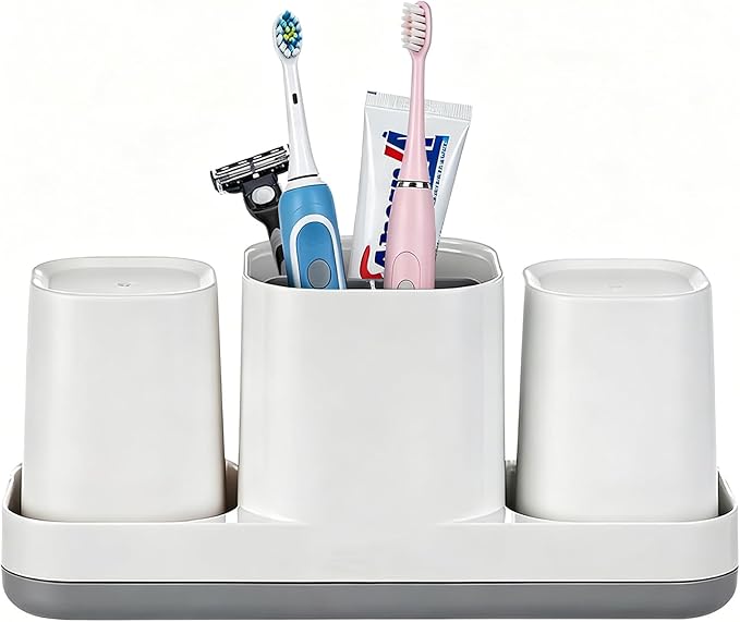 Toothbrush Holder for Bathroom, Electric Toothbrush and Toothpaste Organizer with 2 Cups, Bathroom Accessories Set for Kids and Families, White