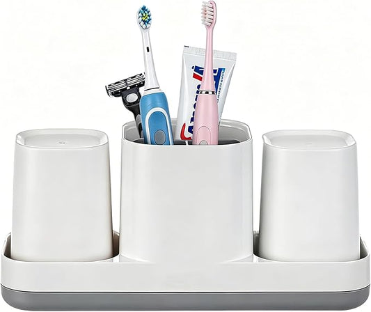 Toothbrush Holder for Bathroom, Electric Toothbrush and Toothpaste Organizer with 2 Cups, Bathroom Accessories Set for Kids and Families, White