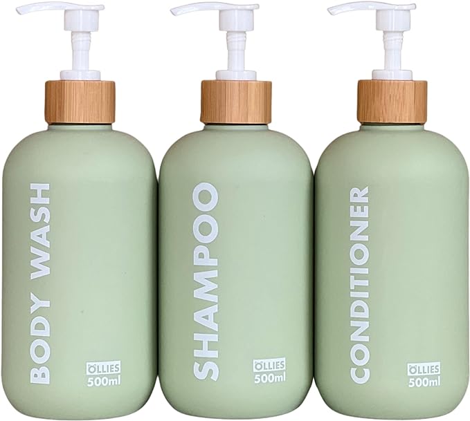 OLLIES Shampoo and Conditioner Dispenser, Shower Soap Dispenser for Bathroom, Set of 3 with Permanent Stylish Label, 17oz, 500ml Refillable Shampoo and Conditioner Bottles Green