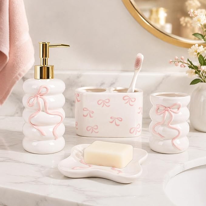 JarThenaAMCS 4Pcs Pink 3D Bow Bathroom Accessories Coquette Ceramic Liquid Dispenser Toothbrush Holder Tumbler Soap Dish for Valentine's Day Home Vanity Decor