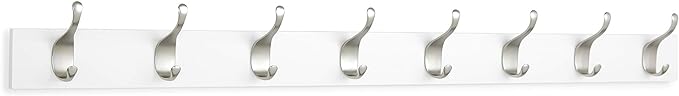 Amazon Basics Wall Mounted Modern Coat Rack for Entryway and Bedroom with Versatile Storage Hooks, Rectangular, 8-Hook, White | Rectangular, Modern