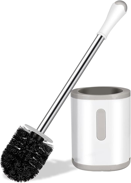 AONEZ Compact Toilet Brush & Holder, Stainless Steel Handle, Space Saving for Storage, Deep Cleaning, Drip-Proof, Easy to Assemble, Nylon Bristles, White & Grey