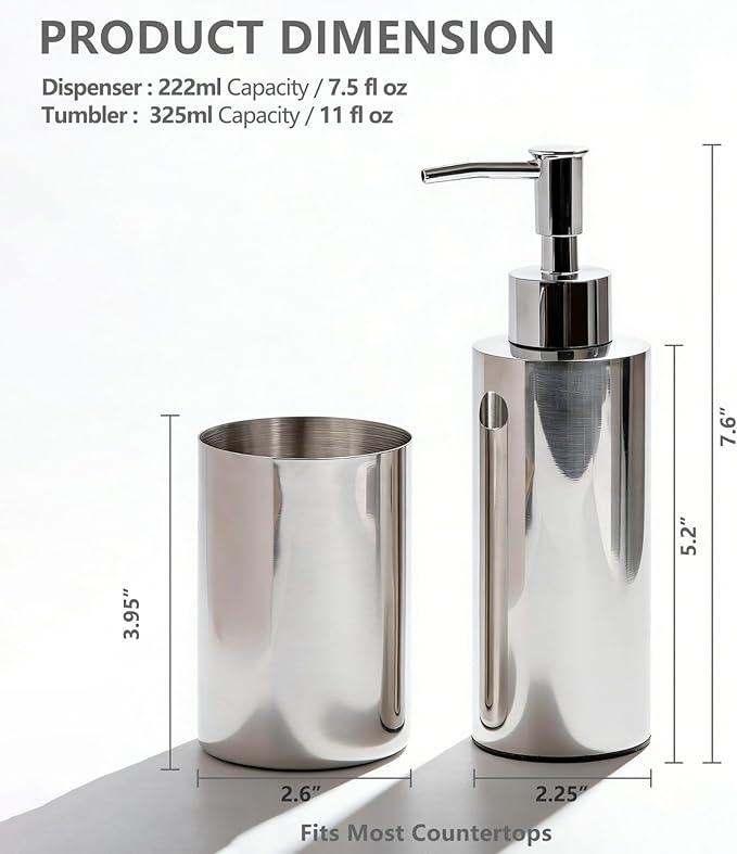 Stainless Steel Round 2PCS Bathroom Set, Soap Dispenser & Toothbrush Holder Set, Suitable for Kitchen and Bathroom Hand Washing Liquid Bath Gel Shampoo, （7.5OZ/220ML）