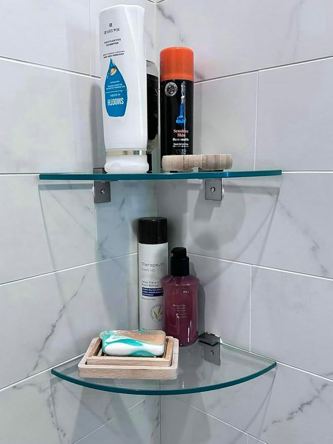 Bakzon Glass Corner Shower Shelf 2 Pack, 9.5" Tempered Glass Shower Caddy No Drill Adhesive Wall Mount, Holds 22 lbs, Rustproof Aluminum Brackets, Bathroom Corner Shelf for Inside Shower