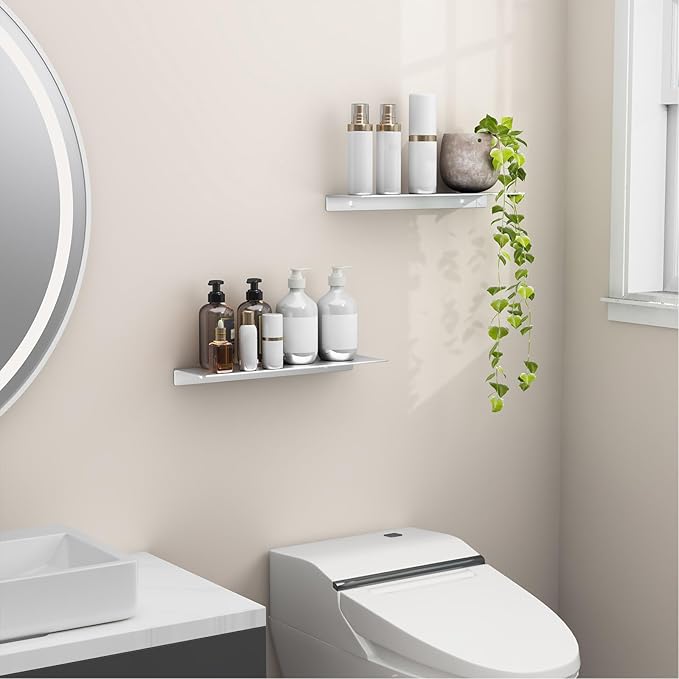 Danpoo 16 inch Metal Floating Shelves for Wall Organizer & Storage, Display Shelves for Bathroom, Living Room, Kitchen, Bedroom(Silver, 2-Pack)