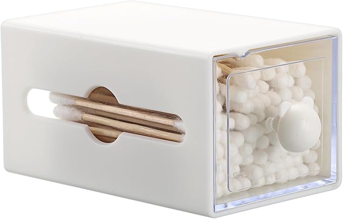 Qtip Holder Plastic Bathroom Dispenser Accessories Storage Canister Wall Mounted Apothecary Jar for Q-tip Cotton Swab Balls Pads Small Vanity Organizer with Double-sided Drawer