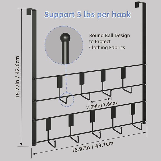 Over the Door Hooks, Over Door Hanger 9 Hooks, Coat Rack and Towel Rack for Hanging Clothes, Door Towel Hanger and Holder for Bathroom Organizer, Bedroom and Kitchen Black
