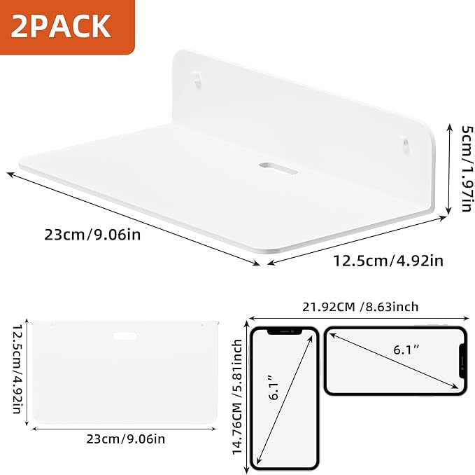 Wisfame Small Floating Shelves for Wall, 9 x 4.5 Inch, with Cable Hole, Piano White Adhesive Wall Shelf in Aluminum Alloy, Display Ledges for Living Room, Gaming Room, Bedroom, Bathroom (2 Pack)