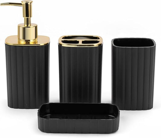 4-Piece Bathroom Accessories Set, Black and Gold Bathroom Set Includes Soap Dispensers, Toothbrush Holder, Soap Dish and Cup, Black Gold Bathroom Decor for Modern Homes