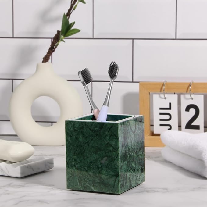 Natural Marble Toothbrush Holder for Bathroom Countertop (8.5x8.5x10cm) - Multifunctional Organizer for Makeup Brushes, Vanity Accessories & Utensils Sink(Blackish Green)
