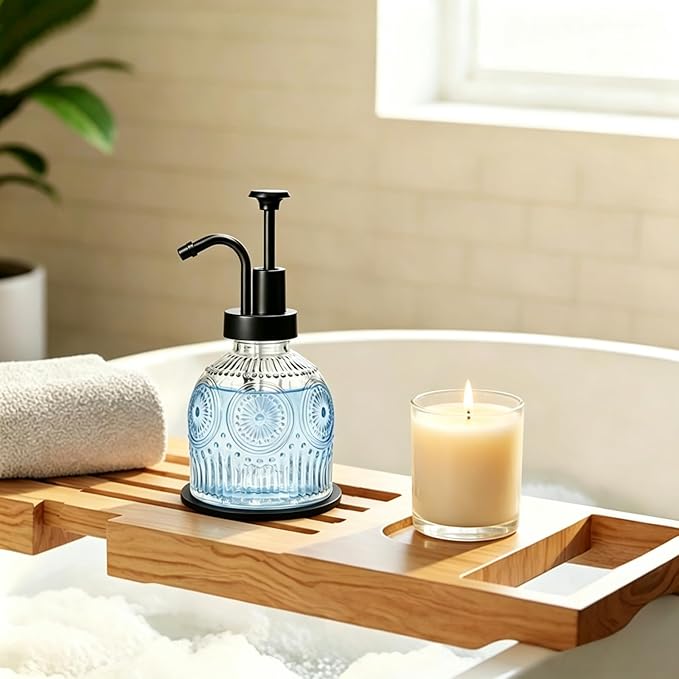 SheeChung Vintage Soap Dispenser, Kitchen Dish Soap Dispensers with Pump Mat, Glass Hand Soap Dispenser for Bathroom, Liquid, Lotion, Refillable, Rustic Farmhouse Decor-Clear (Black Pump, 1 pk)