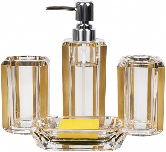4-Piece Gold Bathroom Accessories Set — Soap Dispenser, Soap Dish, Mouthwash Cup & Toothbrush Holder, Acrylic with Brushed Gold Accent, Luxury Vanity Countertop Organizer