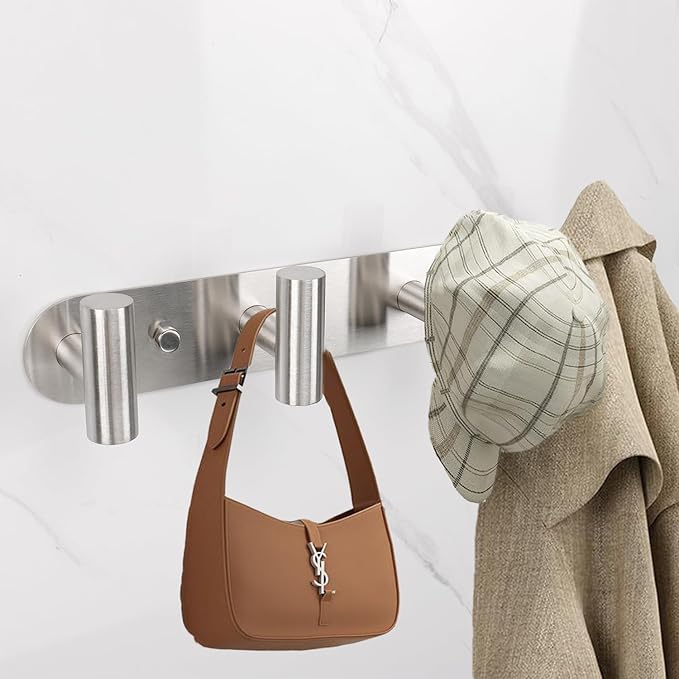 Coat Hook Rack, Wall Mounted Rack with 4 Hooks, Heavy Duty Towel Rack Wall Hooks for Hanging Jacket, Stainless Steel Coat Hanger for Bathroom Entryway Mudroom (Brushed Nickel)