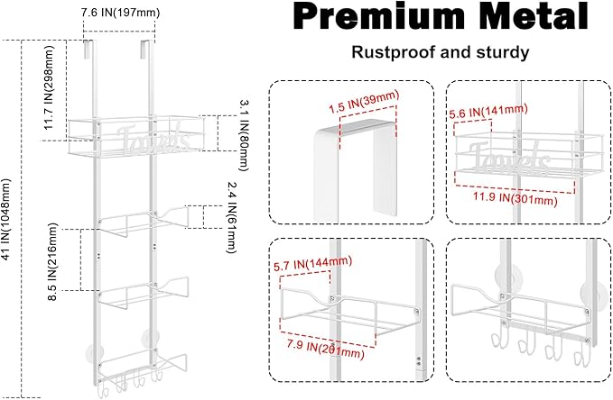 Over The Door Towel Racks, No Drill Towel Storage with Basket & Hooks, Space-Saving Multi-Functional Towel Holder for Bathrooms, bedrooms, Apartments, RVs (White, 5 Tier)