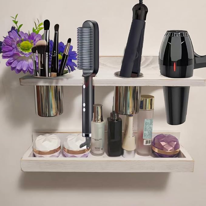 Wall-Mounted Hair Tool Organizer with Heat Resistance - Set of 2 Layer Rustic Blow Dryer Holder (White)