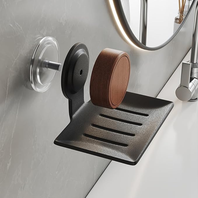 Soap Dish, Walnut and Stainless Steel, Soap Bar Holder for Shower Suction Cup Wall Mounted, No-Drilling Waterproof Sponge Holder (Black)