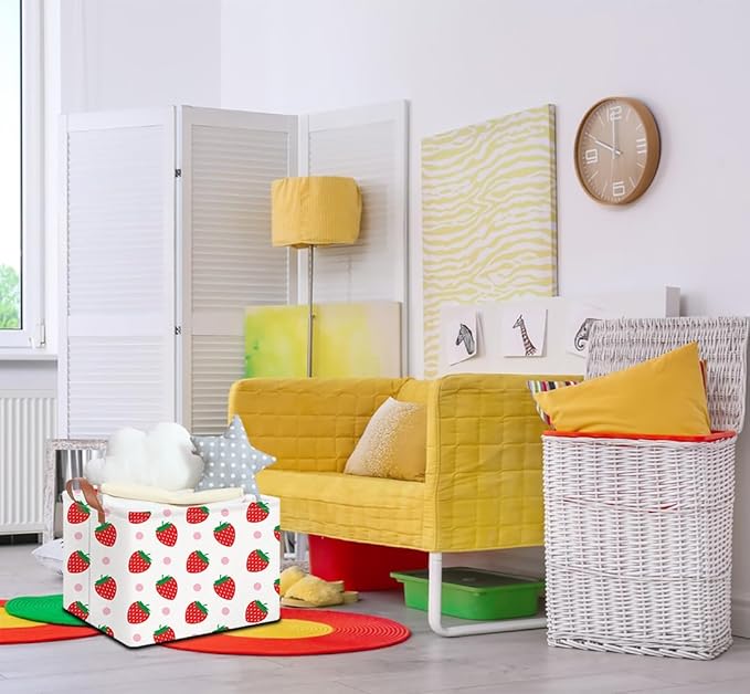 NTAOHAMPER Rectangular Storage Basket Empty, Storage Bin with Handles, Room Decor, Gift Basket, Book Box(Strawberry)