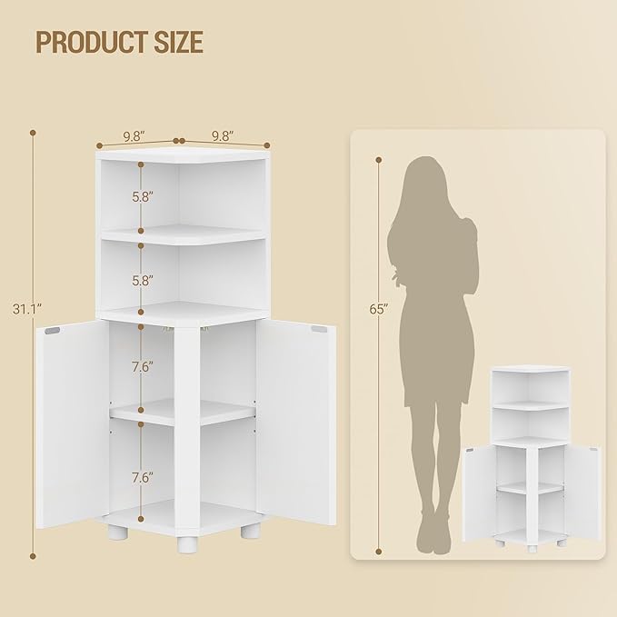 Hzuaneri Corner Cabinet, Small Bathroom Corner Cabinet with Doors, Narrow Storage Cabinets with Adjustable Shelves, Bathroom Organizers and Storage for Small Space, White BC21003X