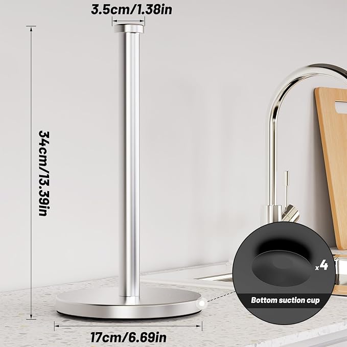 VEHHE Paper Towel Holder Countertop, Stainless Steel Paper Towel Holder Stand with Weighted Base Suction Cups, Standing Paper Towel Roll Holder for Kitchen Bathroom (Silver)