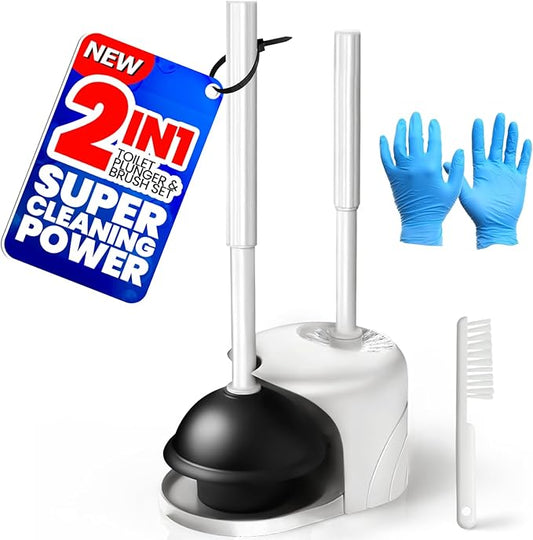 2 in 1 Toilet Brush and Plunger Set, Extended Handle Plunger,Toilet Bowl Brush Plunger Set,Bathroom Cleaning Tools,Cleaning Brush,Cleaning Supplies,Toilet Brush Plunger Combo,White（20inch）