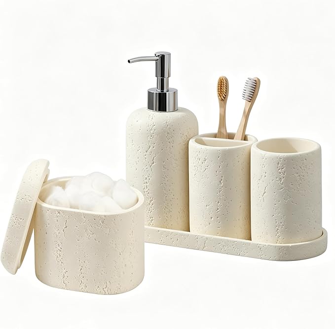 Bathroom Accessories Set, 5PCS Modern Bathroom Accessory Set with Soap Dispenser, Mouthwash Cup & Toothbrush Holder, Qtip Holder, Tray