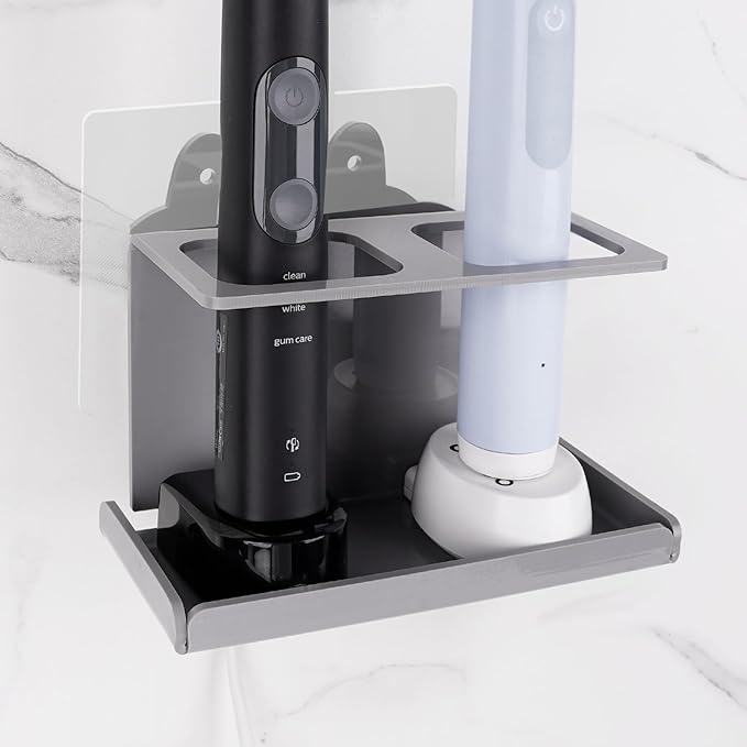 Electric Toothbrush Holder Wall Mounted, Electric Toothbrush Cord Organizer Holds 2 Chargers, Self Adhesive Electric Toothbrush Stand for Bathroom, Medicine Cabinet, Dorm(Grey)