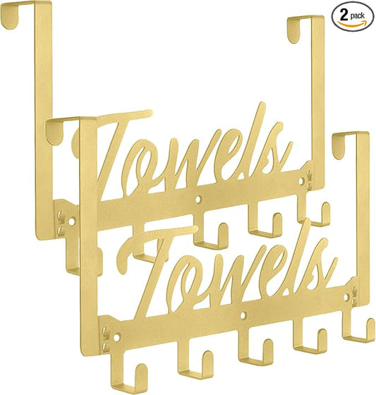 Azmoncy 2 Pack Over The Door Hooks, Towel Rack for Bathroom Towel Holder for Hanging Heavy Duty, Wall Mount Towel Hanger with 10 Hooks for Bedroom Bathroom Kitchen Towels, Bag, Coats(Gold)