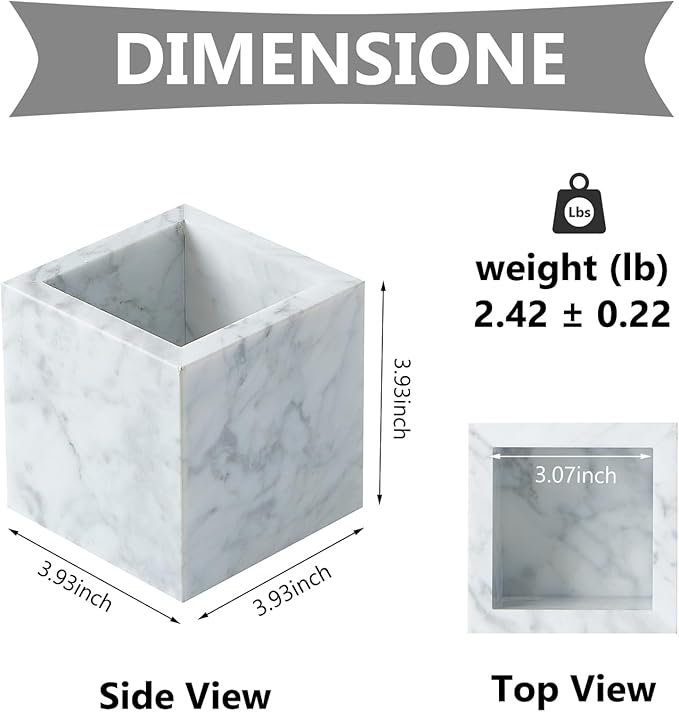 Real Luxurious Natural Marble Toothbrush Holder & Makeup Brush Organizer & Pen Holder for Desk,3.93inch Square Marble Utensil Holder Non-Ceramic/Non-Resin （White）