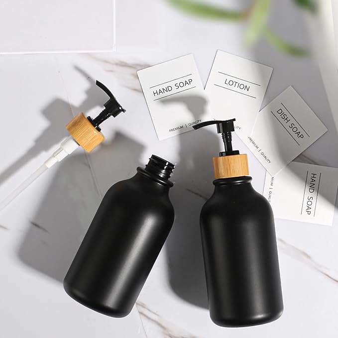 KASUNTING Black Soap Dispenser, 4 Pack Hand Soap Dispenser Bathroom with Bamboo Pump,17 Fl Oz Plastic Hand and Dish Dispenser Set for Kitchen, Refillable Liquid Soap and Lotion Dispensers Bottle