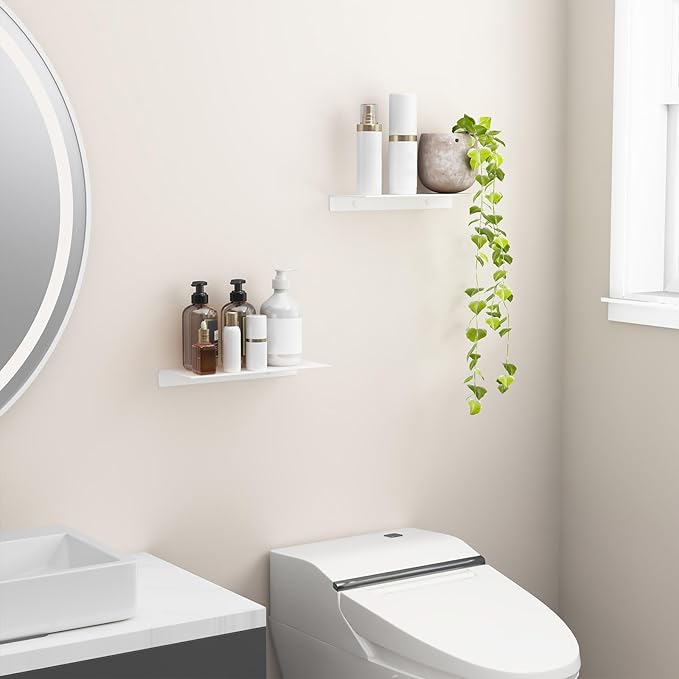 Danpoo 12 inch White Metal Floating Shelves for Wall Organizer & Storage, Display Shelves for Bathroom, Living Room, Kitchen, Bedroom(2-Pack)