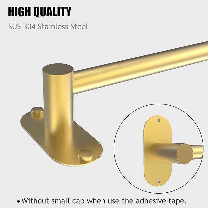 Towel Bar, Adjustable 14.4inch - 25.2inch Towel Rack, Self Adhesive & Wall Mounted for Bathroom Kitchen Hand Towel Holder Cloths Hanger SUS 304 Stainless Steel Single Bar (3, Gold)