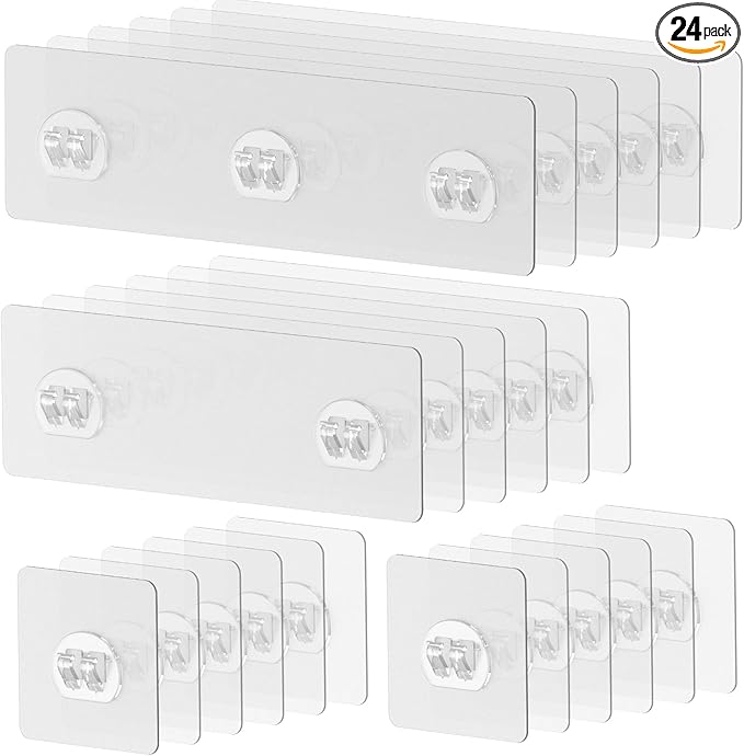Uniclife 24 Pcs Shower Caddy Adhesive Hooks,Strong Shower Hooks, Caddy Adhesive Replacement, Transparent Bathing Sticky Strips for Bathroom Storage Shelves, Kitchen Racks and Baskets