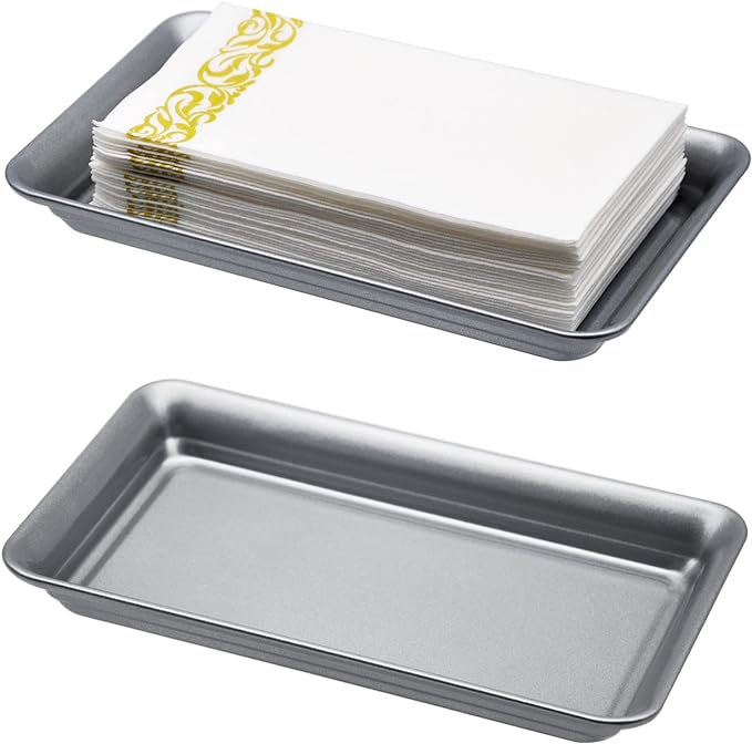 Vintage Farmhouse Decor Metal Vanity Tray(2 Pack),Countertop Guest Hand Towel Storage Organizer Tray Dispenser, Sturdy Holder for Perfume,Cosmetics, Jewelry, Makeup Bathroom Organizer (Silver)