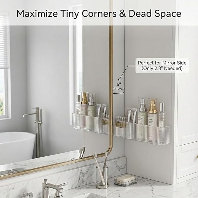 2-Pack Slim Wall Mounted Bathroom Organizer, 2.3" Deep Narrow Mirror Side Vanity Storage Adhesive Shelf, Clear Ribbed Floating Caddy for Toothbrush & Small Items, No-Drill