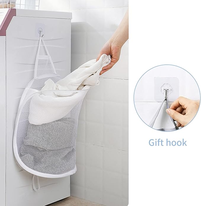 Pop-up Hanging Laundry Hamper Small Mesh Laundry Basket 2 Pack Foldable Hamper Collapsible Wall Mounted Storage Bag, Back to School Supply Grey & White